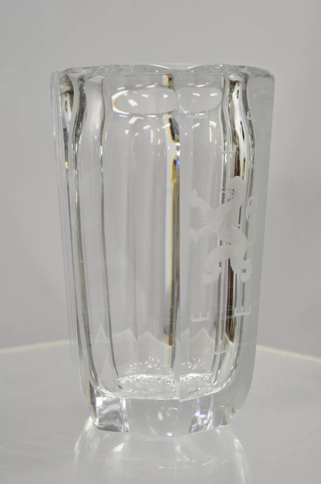 Vintage Kosta Boda Elis Bergh Etched Rampant Lion Crystal Glass 7.5" Vase a Pair