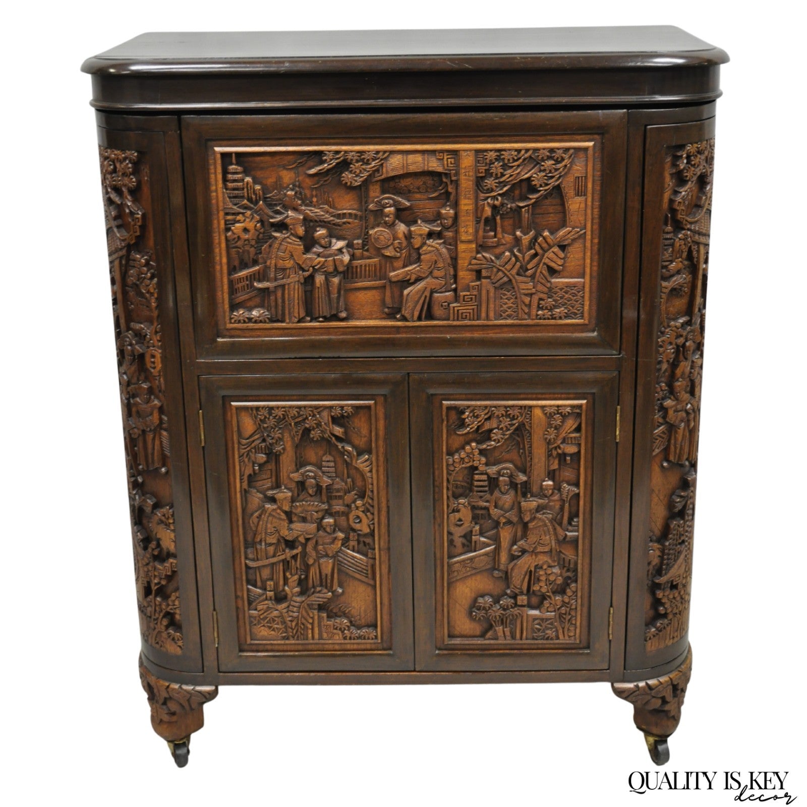 Vintage J L George Zee Chinese Figural Carved Teak Wood Flip Top Dry Bar Cabinet