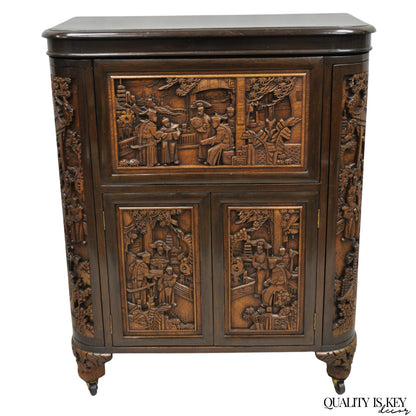 Vintage J L George Zee Chinese Figural Carved Teak Wood Flip Top Dry Bar Cabinet