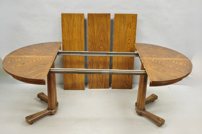 Vintage Mid Century Modern Oak Sunburst Round Extension Pedestal Dining Table