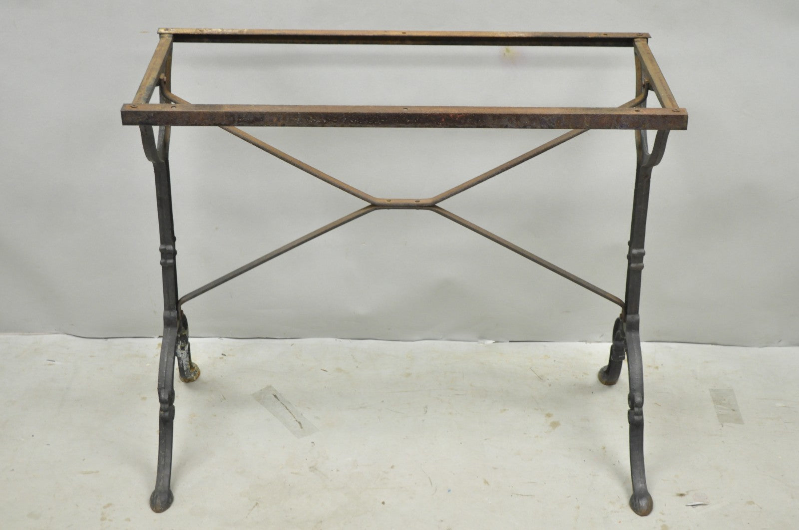 Antique French Victorian Cast Iron Pastry Table Base Marble Top Console Table