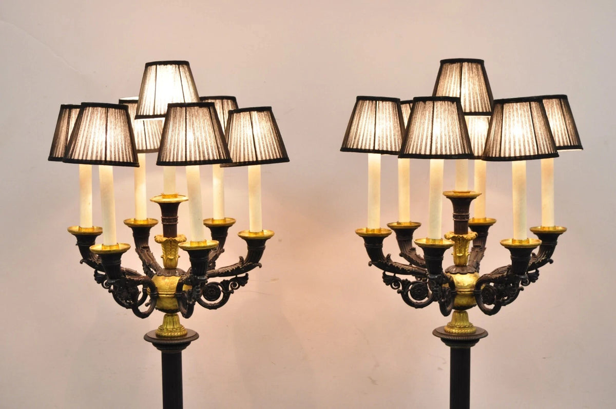 French Empire 68" Tall Bronze & Marble Lighted Candelabra Torchiere Floor Lamps