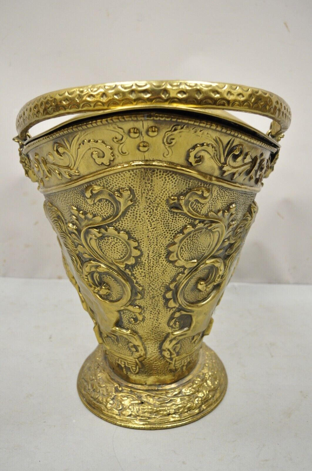 Antique English Renaissance Unicorn, Lion Shield Figural Brass Coal Bucket Bin