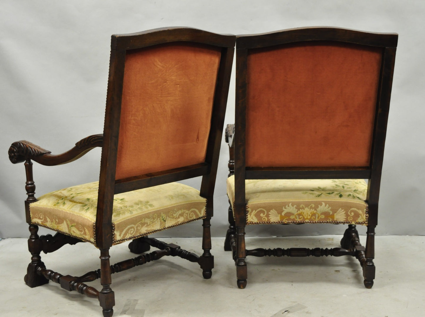 Antique French Louis XIV Style Needlepoint Tapestry Carved Walnut Arm Chair Pair