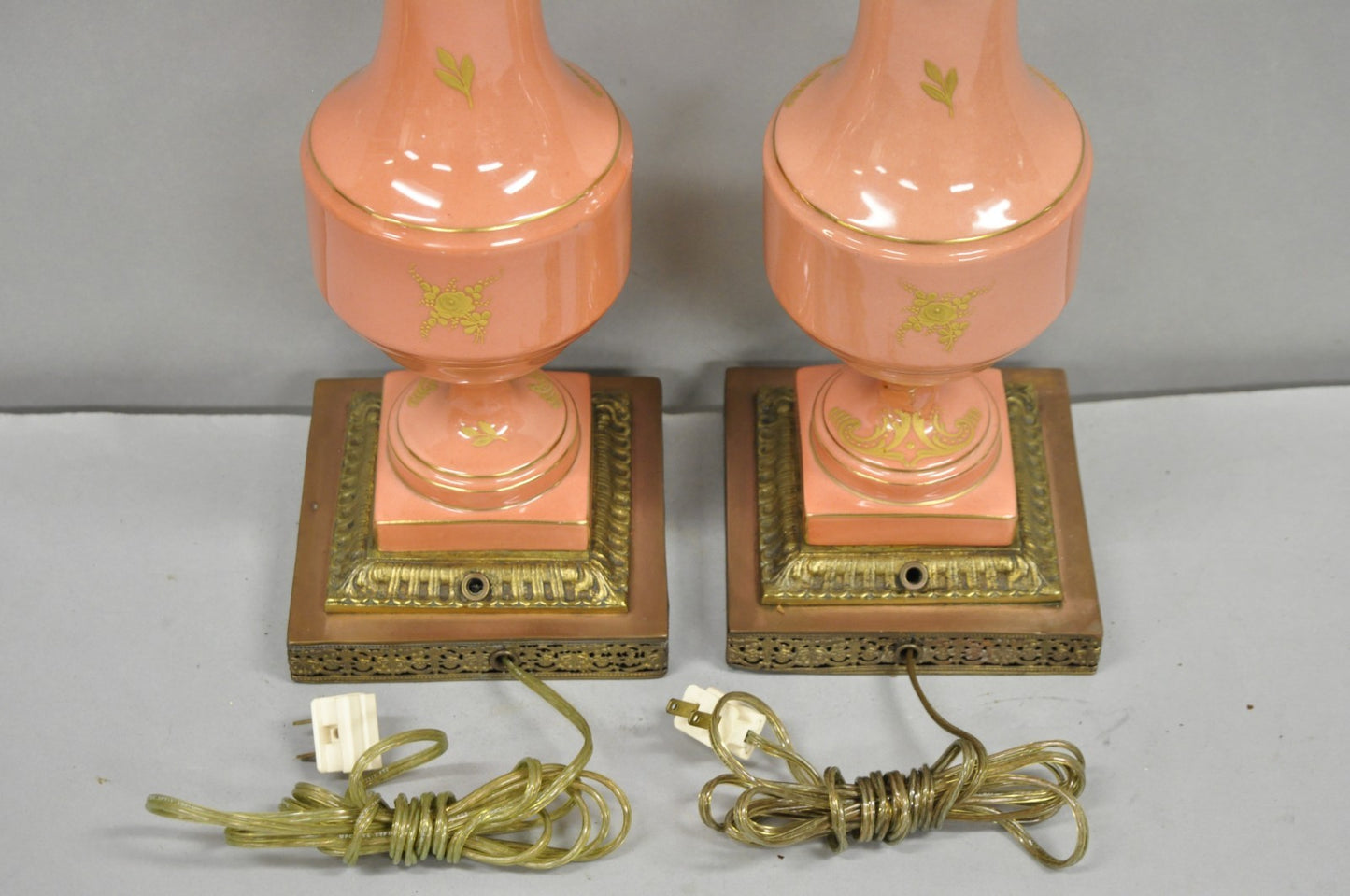 Antique French Victorian Paris Porcelain Coral Figural Painted Table Lamps, Pair
