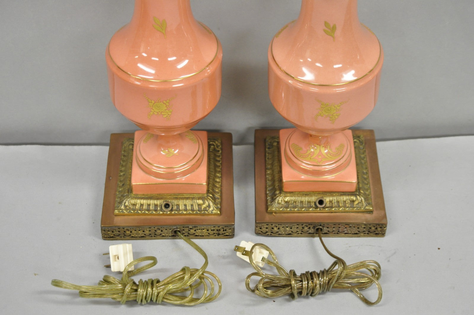 Antique French Victorian Paris Porcelain Coral Figural Painted Table Lamps, Pair