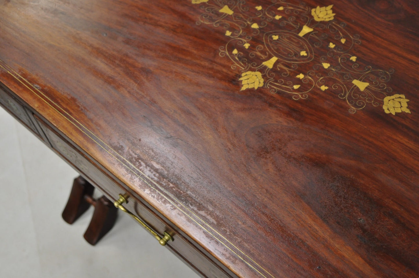 Vintage Anglo Indian Campaign Style Hardwood Curule Writing Desk w/ Brass Inlay