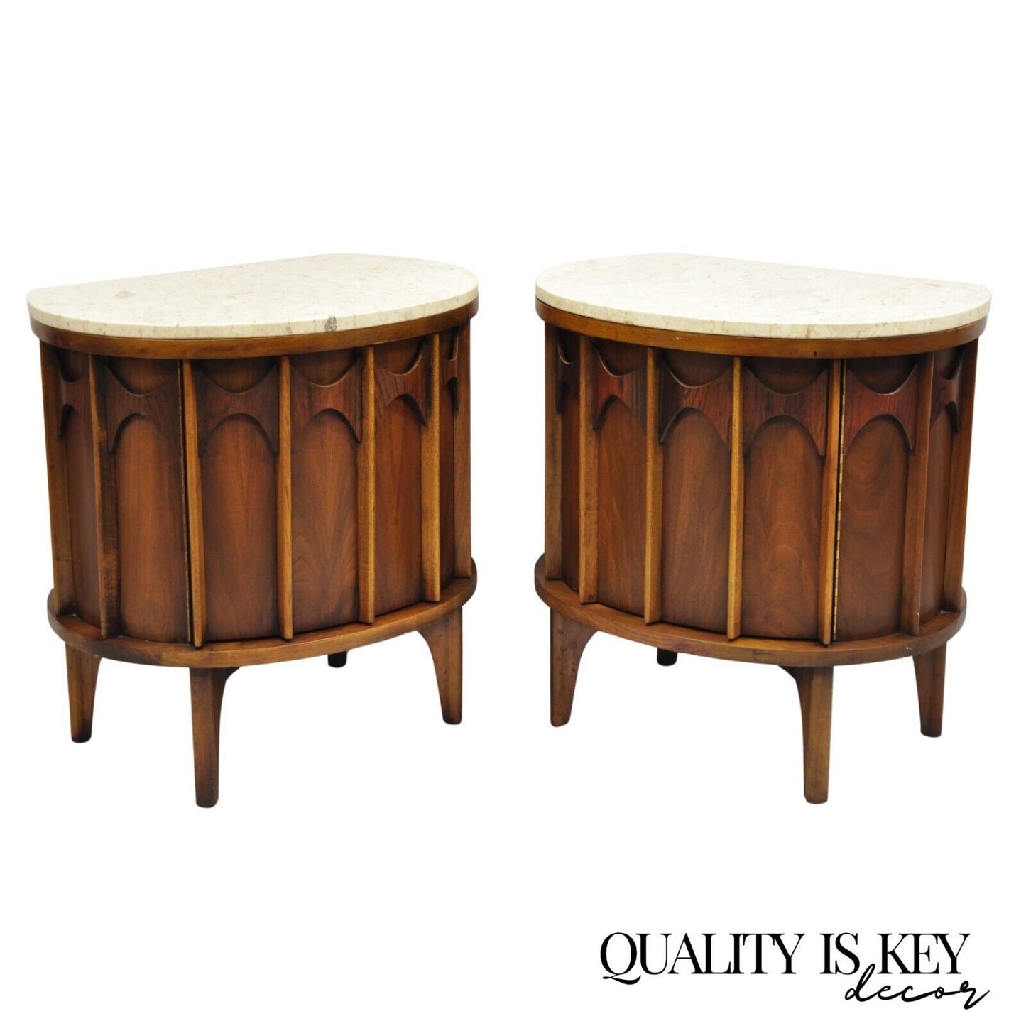 Kent Coffey Perspecta Pecan & Walnut Travertine Top Demilune Nightstand - a Pair