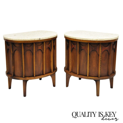 Kent Coffey Perspecta Pecan & Walnut Travertine Top Demilune Nightstand - a Pair