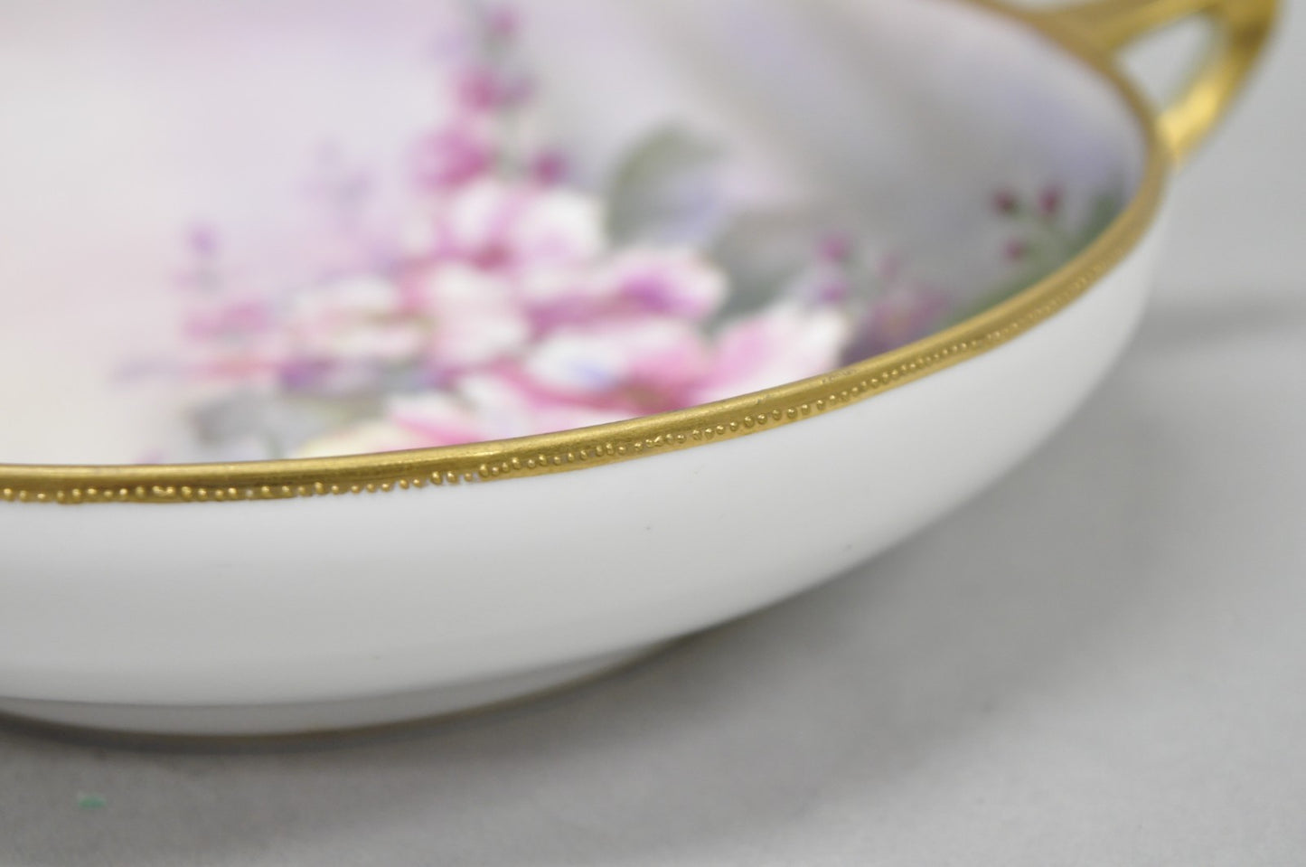 Antique Nippon Hand Painted Pink Wisteria Flower Porcelain Dish w / Handles