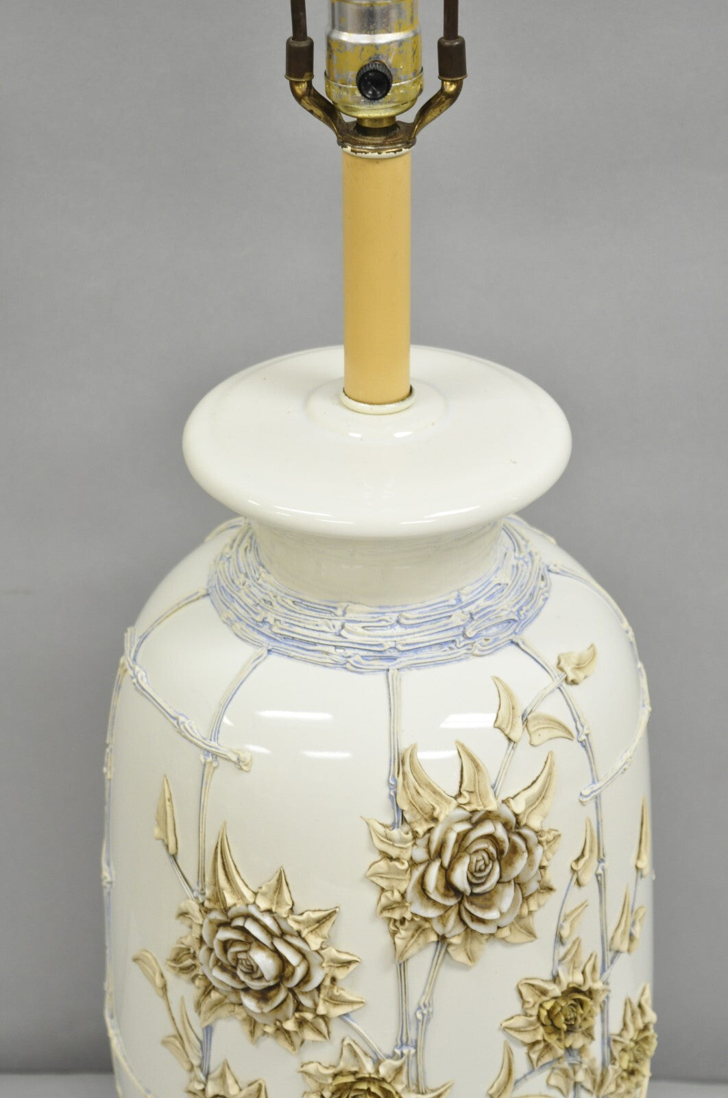 Vintage Chinoiserie White Porcelain Jardinere Table Lamp w/ Applied Flowers