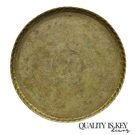 Vintage Moroccan Middle Eastern Solid Brass Large Round Engraved 33.5" Tray Top