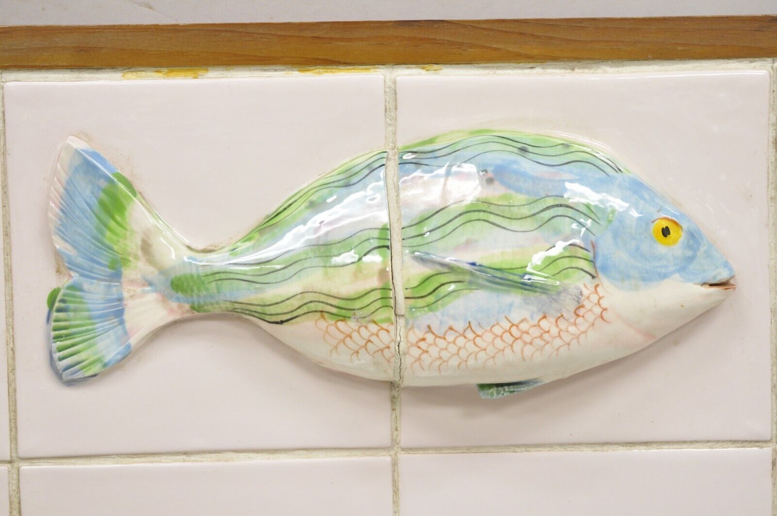 Vintage Mid Century Modern Glazed Ceramic Tile Framed Blue Green Fish Wall Art
