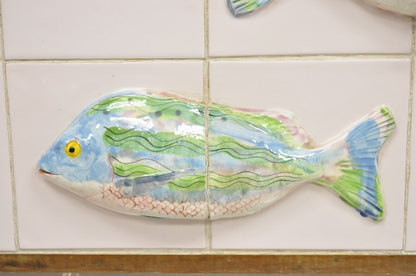 Vintage Mid Century Modern Glazed Ceramic Tile Framed Blue Green Fish Wall Art
