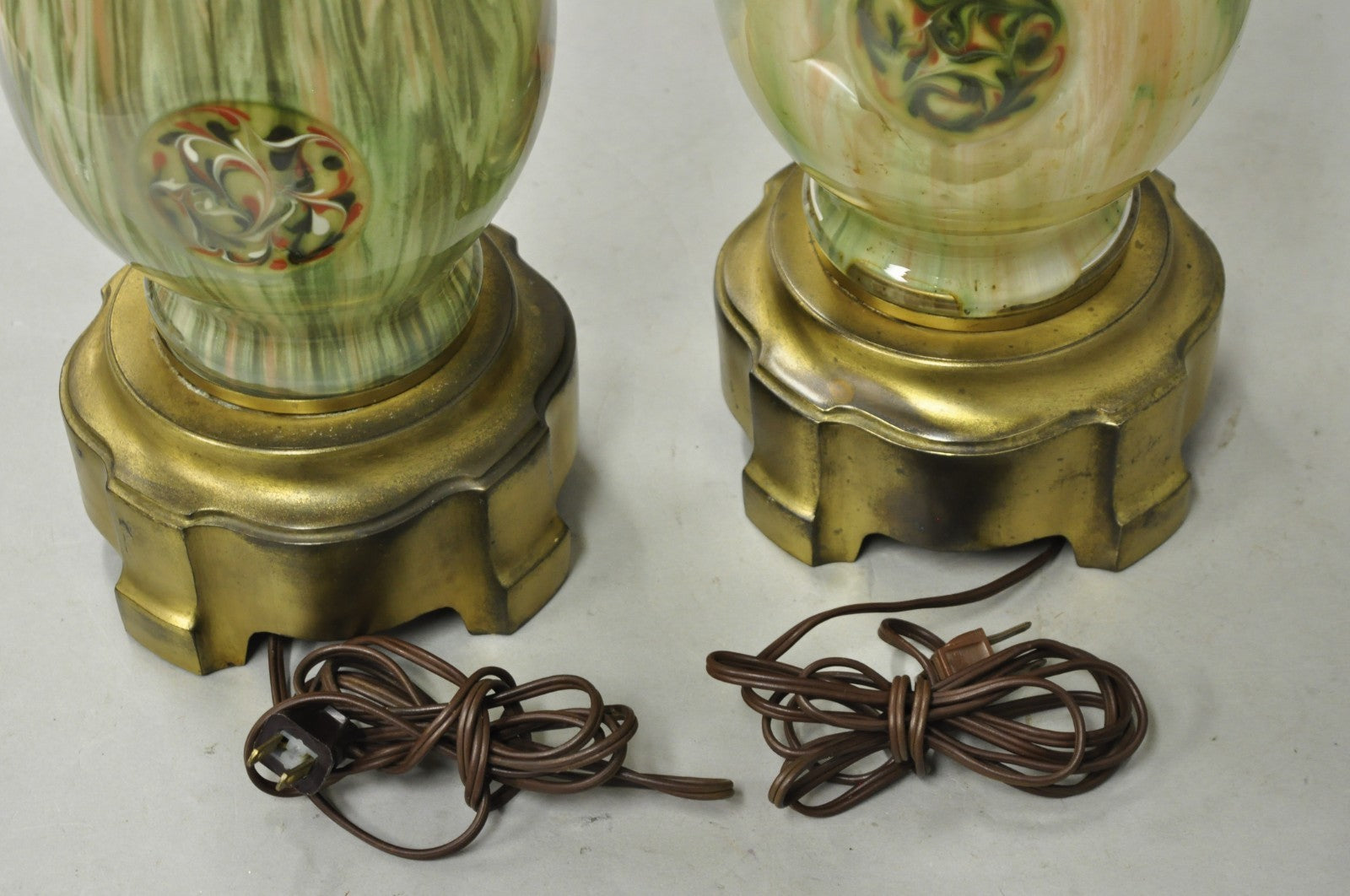 Vintage Mid Century Modern Italian Murano Green Blown Glass Table Lamps - a Pair
