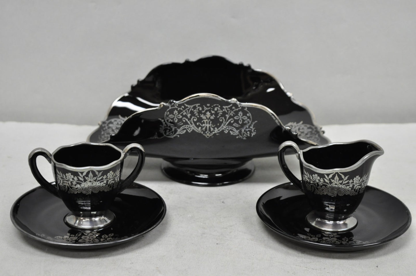 Vintage Rockwell Black Amethyst Glass Sterling Silver Overlay Centerpiece Dish