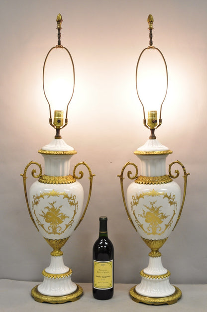 Antique French Louis XV Hand-Painted Porcelain Urn Bronze Table Lamps - a Pair