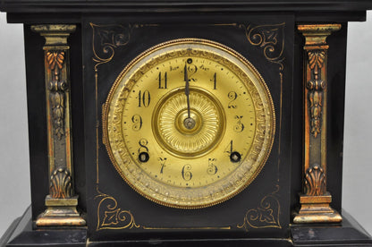 Antique Ansonia Black Mantel Clock with Bronze Coated Columns and Claw Feet