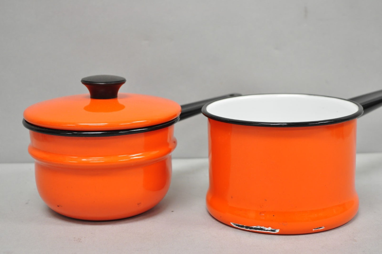Vintage Enamel Orange & Black Metal Double Boiler Nesting Pot w/ Lid
