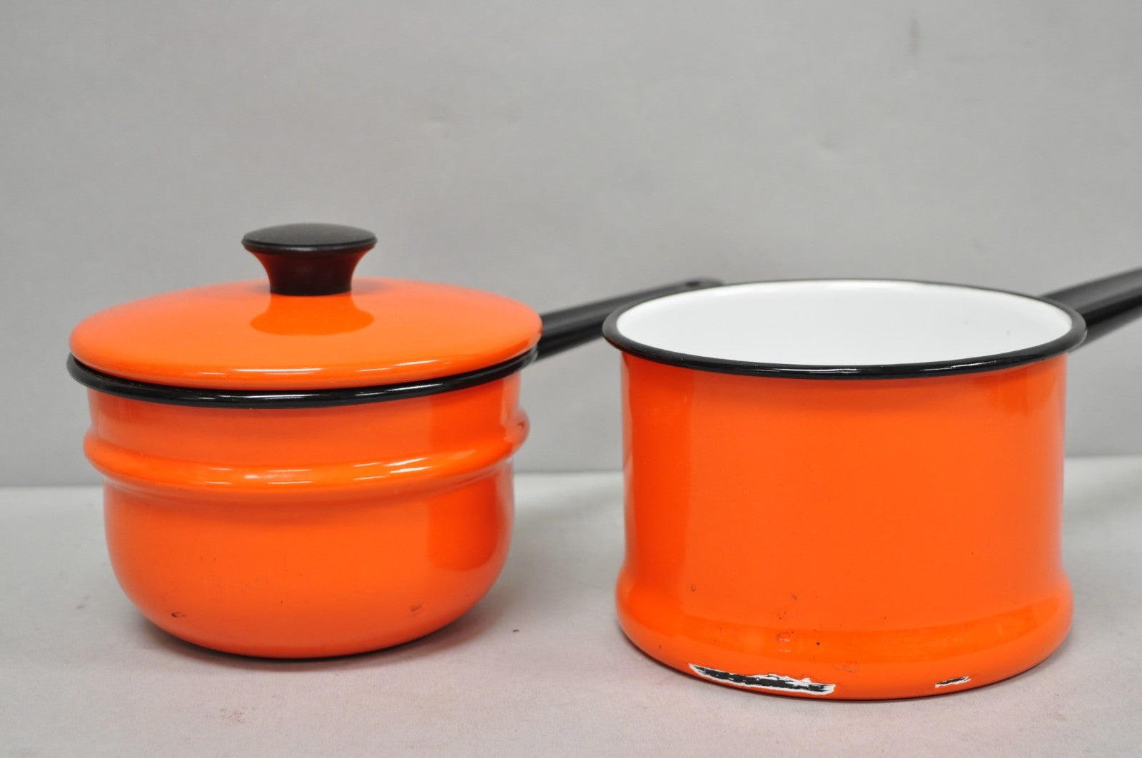 Vintage Enamel Orange & Black Metal Double Boiler Nesting Pot w/ Lid