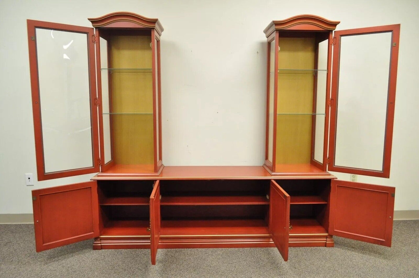 Vintage Jasper Oriental Chinoiserie Red Display China Cabinet Curio Credenza