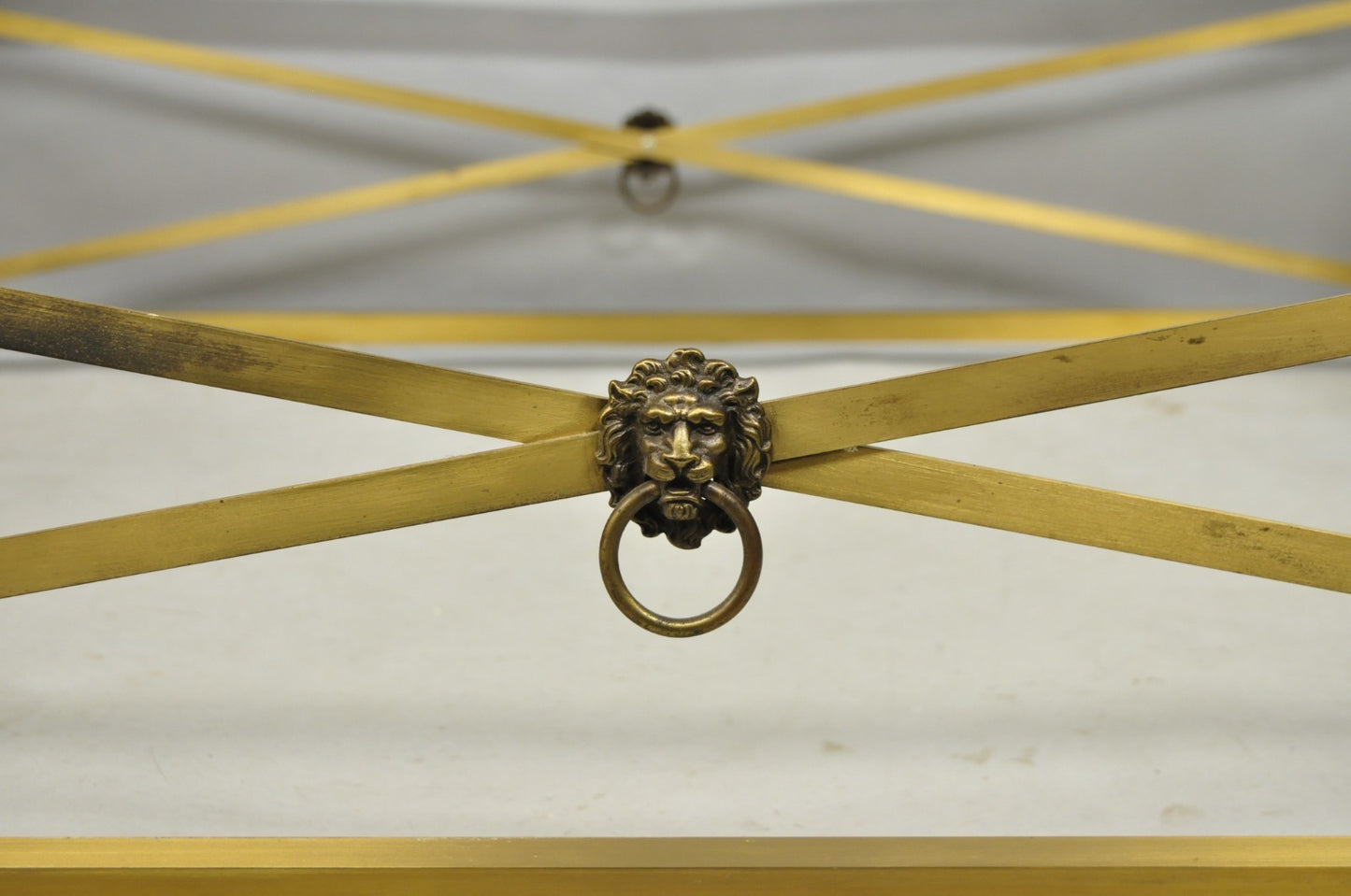 Large Regency Style Burnished Brass Rectangular Glass Top Coffee Table w/ Lions