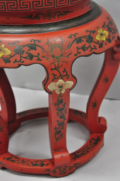 Vintage Chinoiserie Red Lacquer Pedestal Plant Stand Garden Stool Side Table (A)