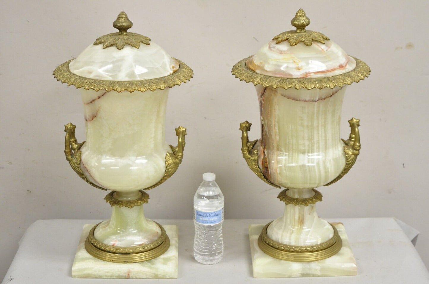 French Louis XVI Empire Style Onyx and Bronze Ormolu Large Lidded Urn - a Pair