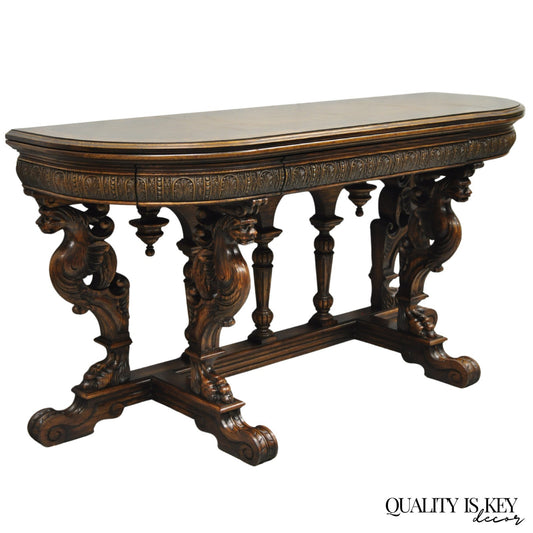 Antique Italian Renaissance Figural Carved Griffin Oak Flip Top Library Table