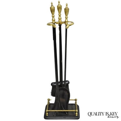 Vintage Federal Style Brass Urn Finial Cast Iron Fireplace Tool Set - 4 Pc Set