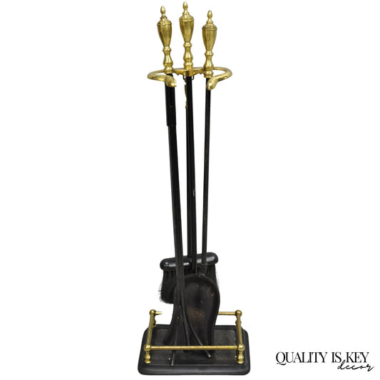Vintage Federal Style Brass Urn Finial Cast Iron Fireplace Tool Set - 4 Pc Set