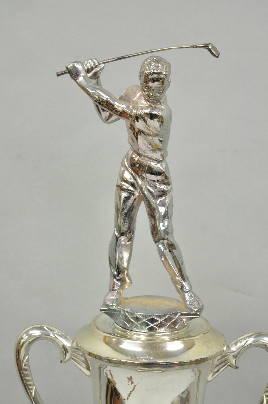 Vintage 1970s Art Deco Silver Metal Marble & Wood Figural Golf Trophy Award Cup