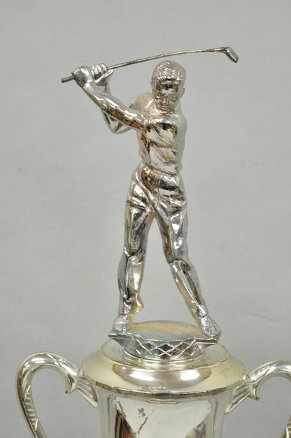 Vintage 1970s Art Deco Silver Metal Marble & Wood Figural Golf Trophy Award Cup
