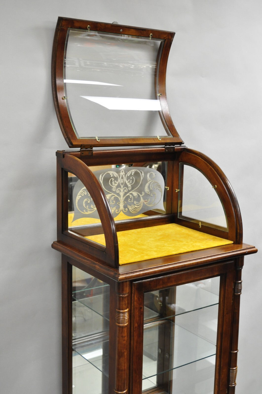 Victorian Style Cherry Wood Curved Glass Lighted Narrow Curio Display Cabinet