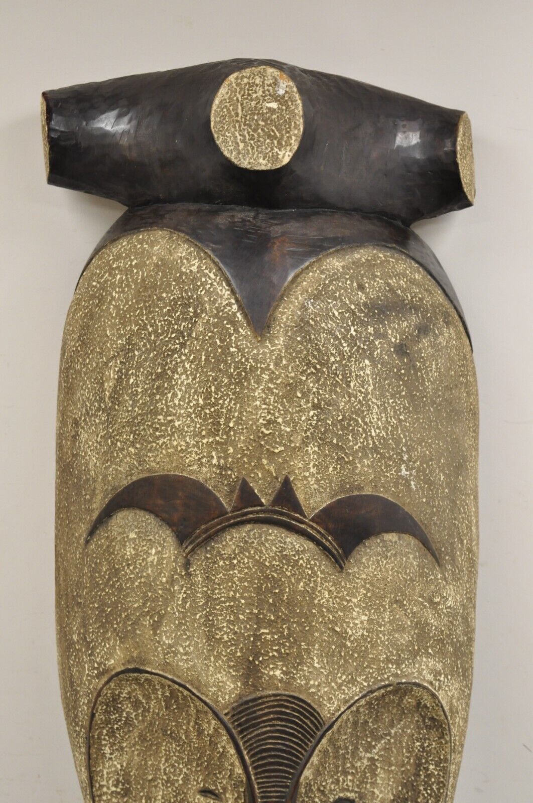 Large 80" Gabon African Carved Wood Elongated Fang Ngil Mask Sculpture Statue