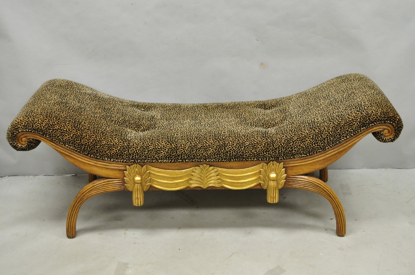 Vintage Italian Hollywood Regency Style Leopard Print Upholstered Window Bench