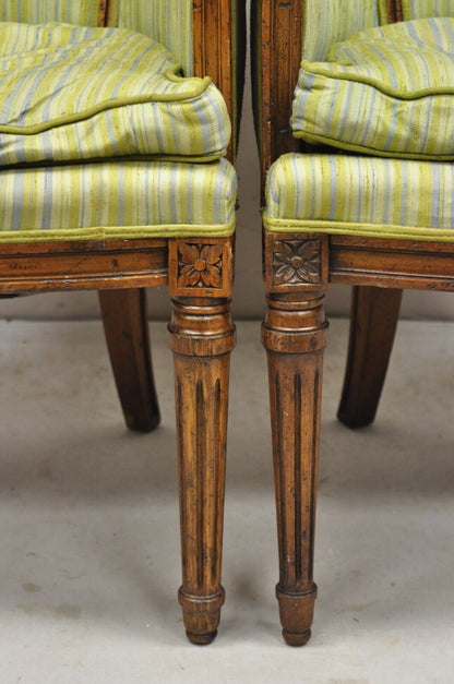 Antique Italian Regency Distressed Carved Walnut Barrel Back Club Chairs - Pair