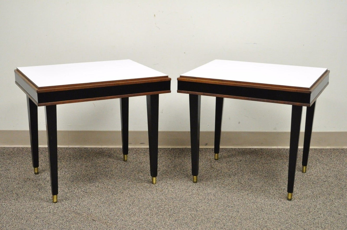 Vintage Mid Century Modern Black & White Rectangular Laminate End Tables - Pair
