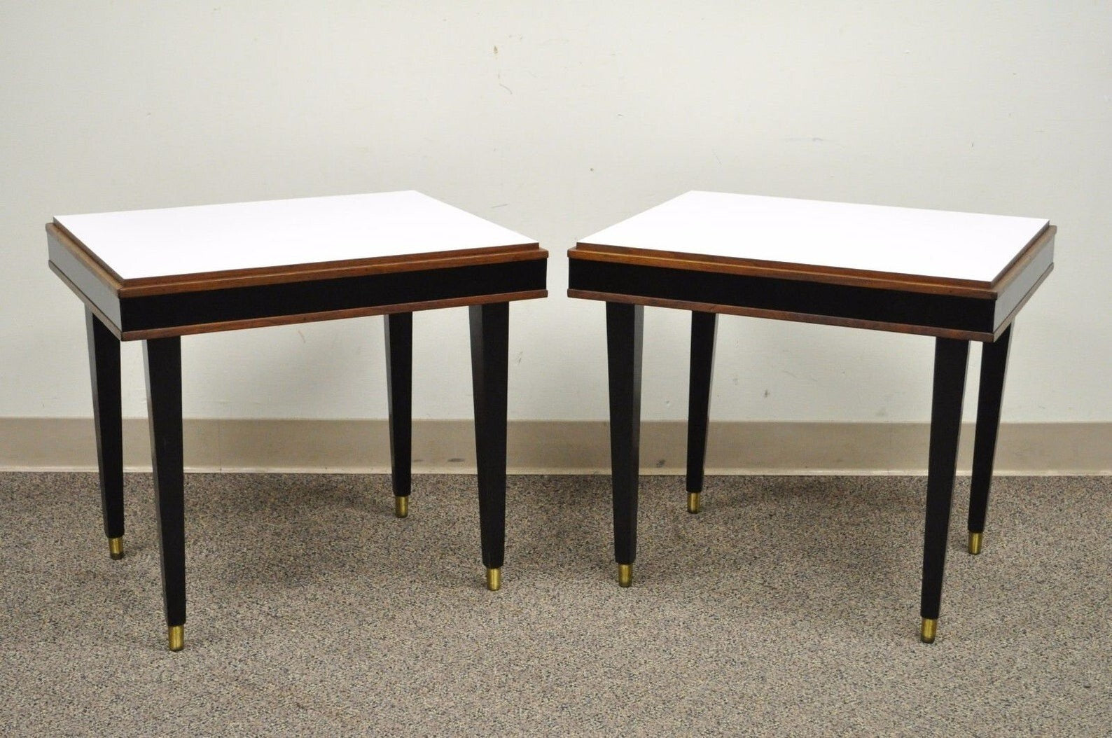 Vintage Mid Century Modern Black & White Rectangular Laminate End Tables - Pair