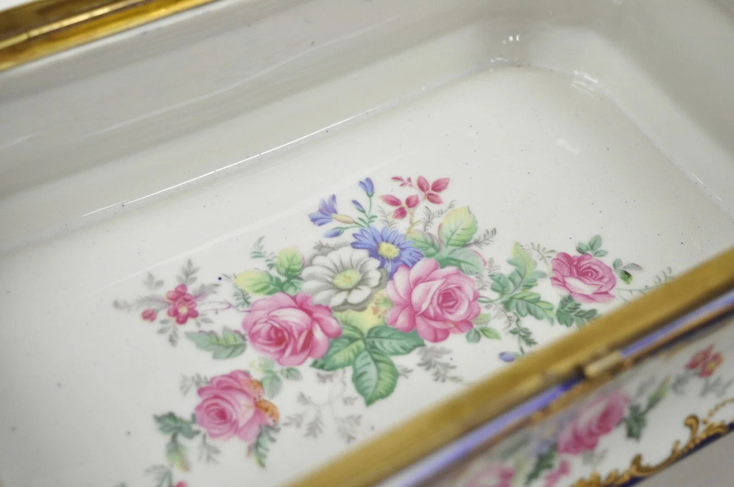 Antique French Victorian Porcelain Hand Painted Hinged Jewelry Trinket Box