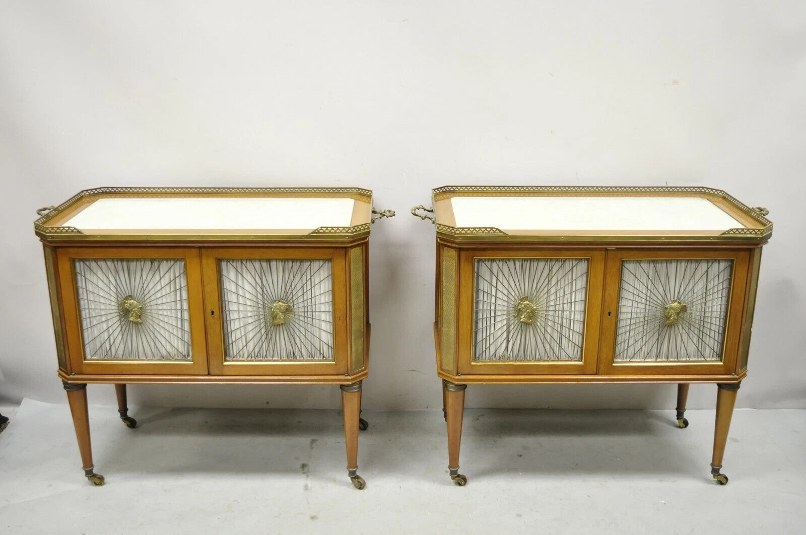 French Neoclassical Regency Mahogany & Bronze Bar Server Cabinet Tables - Pair