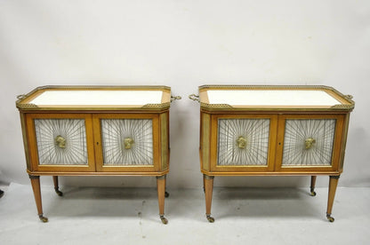 French Neoclassical Regency Mahogany & Bronze Bar Server Cabinet Tables - Pair