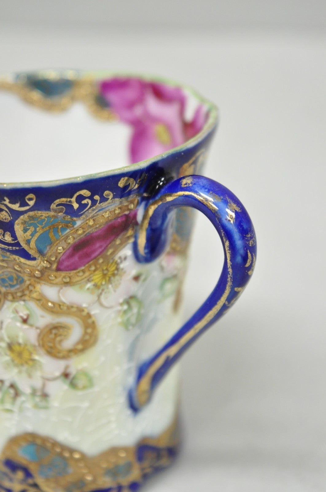 Antique Victorian Teacup & Saucer Cobalt Blue & Roses w/ Draped Gold Trim