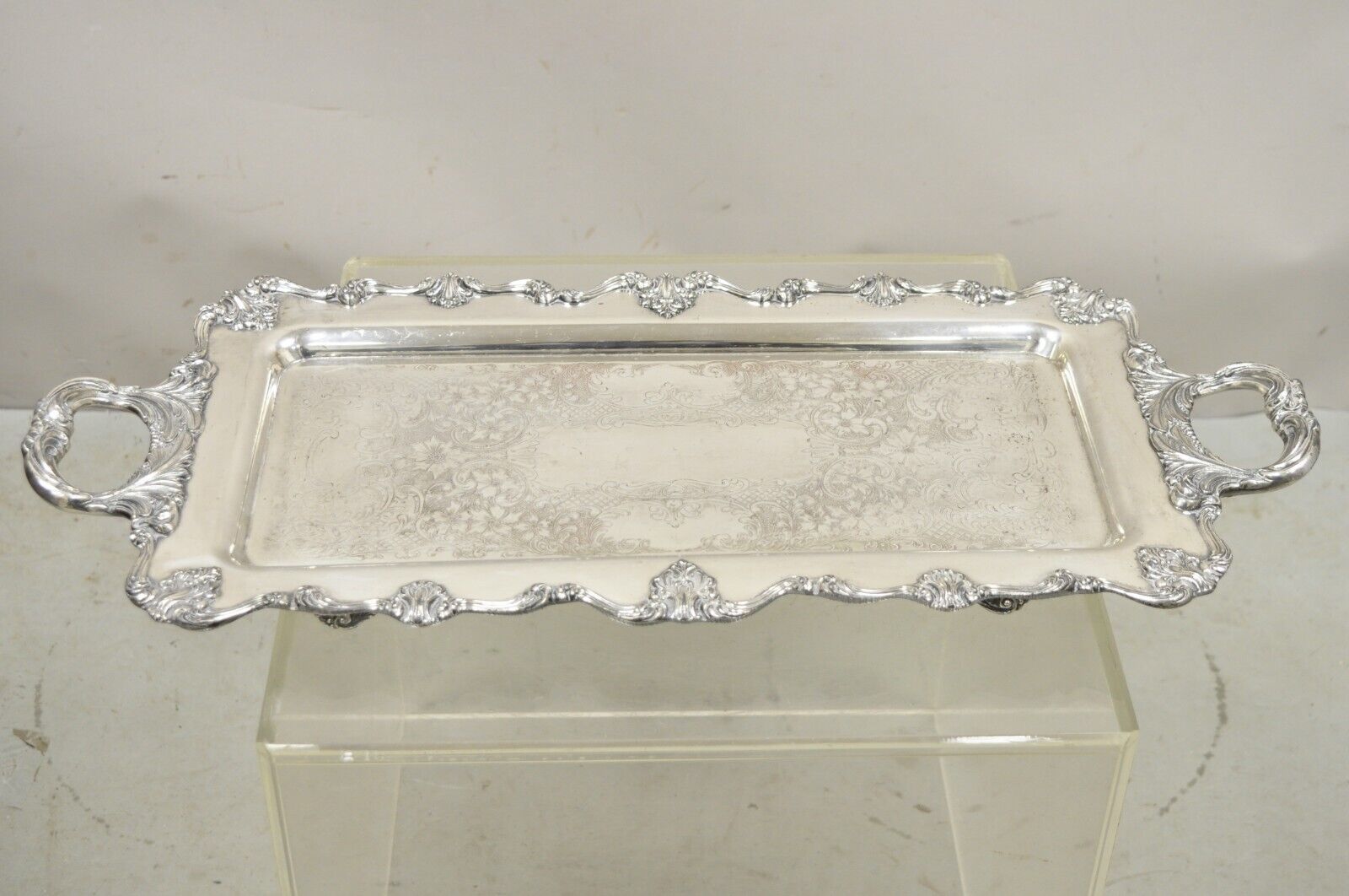 Vintage English Victorian Narrow Silver Plate Twin Handle Serving Platter Tray