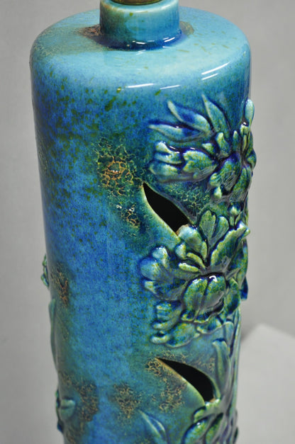 Vintage MCM Tall Royal Haeger Attr Blue Glazed Ceramic Pottery Floral Table Lamp