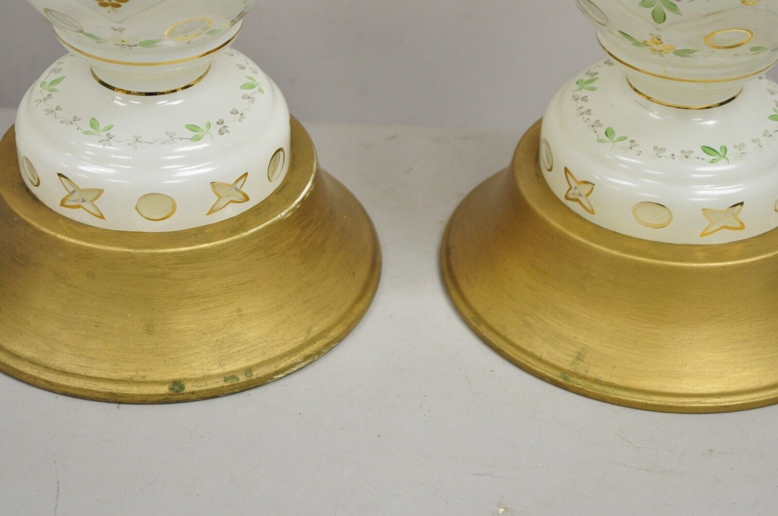 Vintage Czech Bohemian White & Green Cased Glass Table Lamps - a Pair