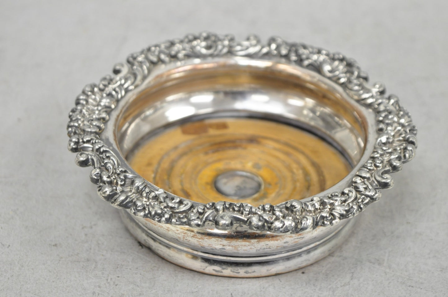 Antique English Victorian Silver Plated Floral Mahogany Bar Wine Bottle Coaster