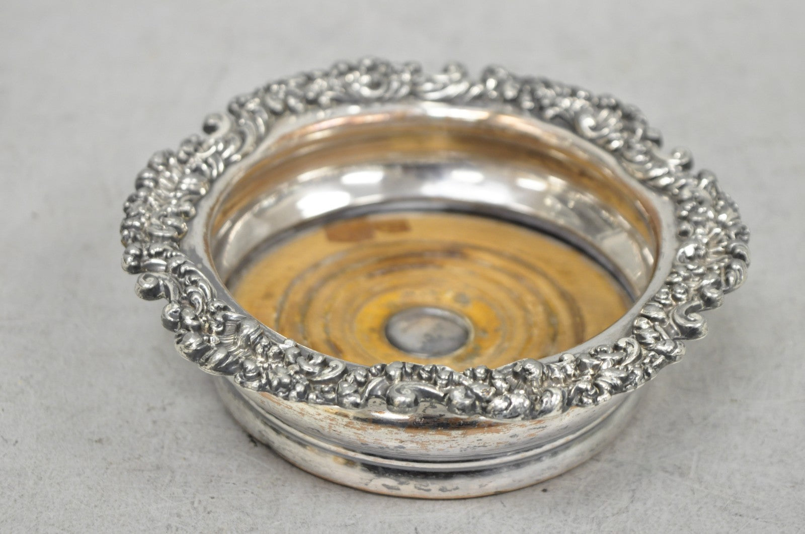 Antique English Victorian Silver Plated Floral Mahogany Bar Wine Bottle Coaster