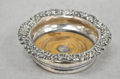 Antique English Victorian Silver Plated Floral Mahogany Bar Wine Bottle Coaster