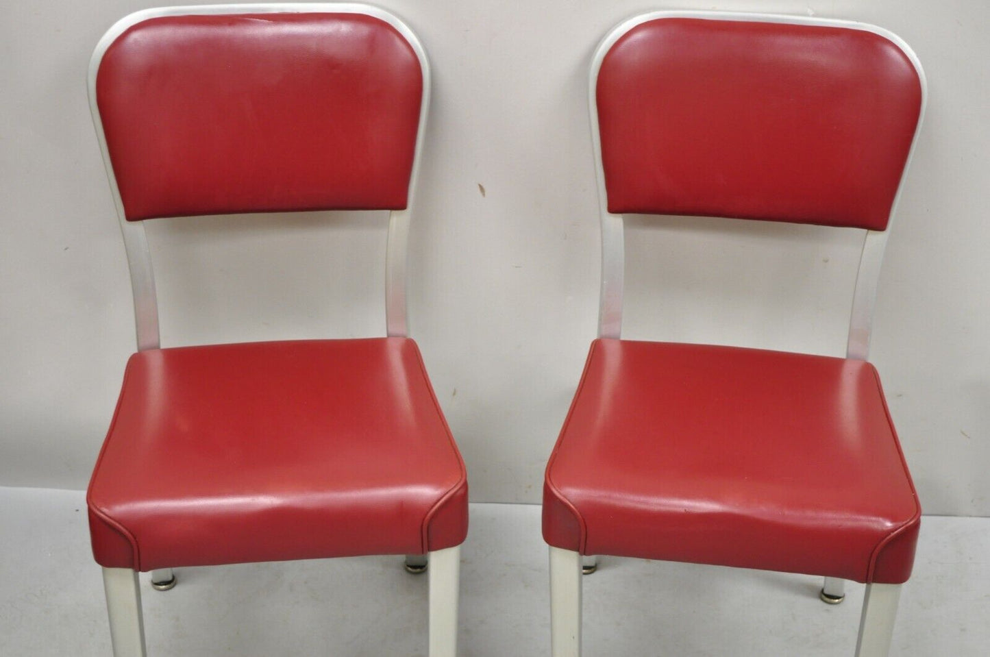 Vintage Brushed Aluminum Red Upholstered Emeco Navy Style Side Chairs -  a Pair